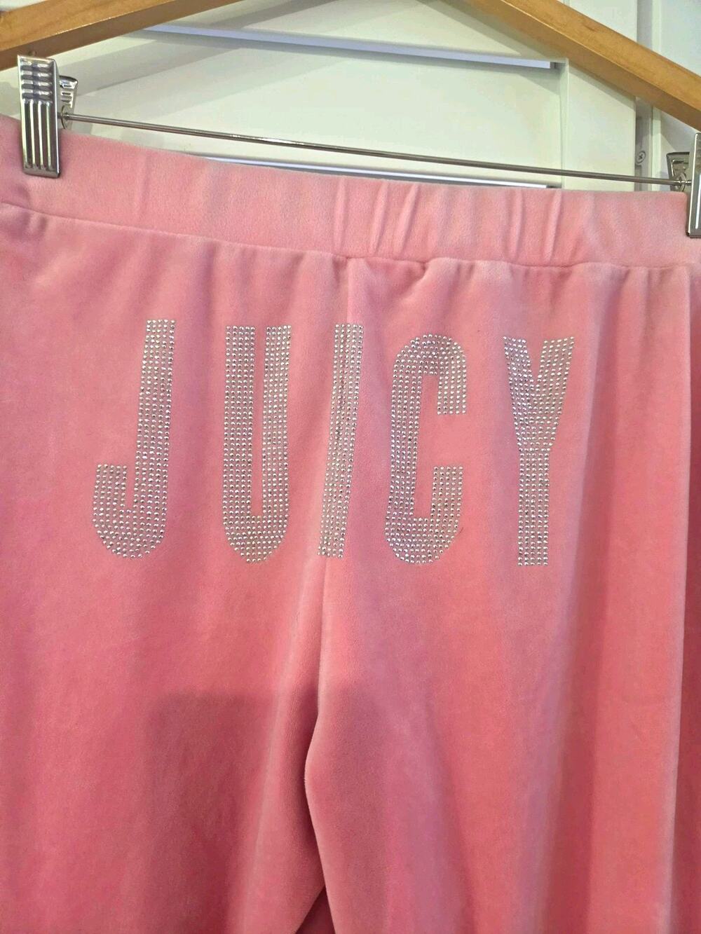 Juicy Couture Pink Velour Logo Sweatpants Rhinestone Accents Elastic Waist M